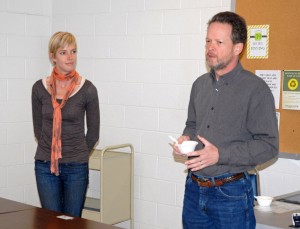 Vance-Granville Community College graduate Ariel Greenwood (left) is introduced by VGCC Biology instructor Dr. Dan Settles, chairman of the Sustainability Committee, before her “lunch and learn” presentation. (VGCC photo)