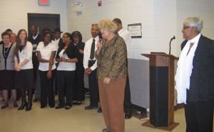 VGCC South Campus Dean Cecilia Wheeler (center, holding microphone) addresses students, faculty and staff at a Black History Month “soul food” lunch on Feb. 27. At right is Black History Month subcommittee member/South Campus receptionist Diane Blalock.