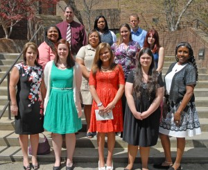 VGCC students from Vance County who were inducted into the Phi Theta Kappa honor society on April 16 included, in front row, from left: Kissy Lynn Brown, JoLynne Allana Nichole Winstead, Kirstin Scott Currin, Kristen Taylor Cash, and Franceine Darcel Cole; second row, from left: Cynthia Denise Littlejohn, Ailsa Francine Hobson, Mindy Renee Cash, and Selena Lynn Bullock; third row, from left: Clinton Ray Burnette, Imani Ife Guy, and Bobby Gee Elmore. (VGCC Photo)