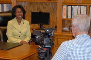 VGCC President Stelfanie Williams (left) is interviewed by producer Rick Sullivan in her office. (VGCC photo)