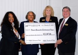 The Board of Trustees received a symbolic check for $22,307 from the leaders of the VGCC Endowment Fund Faculty and Staff Drive at the November Board meeting. The money was raised to fund scholarships for deserving students at VGCC. Pictured from left: Jacquelin Heath, Board of Trustees Chair Deborah F. Brown, Amy O'Geary and Eddie Ferguson. (VGCC photo)