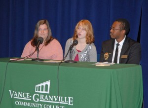 VGCC student panelists (from left) Isley Richardson, Julleah Norton and Charles Douglas answer questions from local middle and high school counselors and administrators at the Oct. 24 forum in the VGCC Civic Center. (VGCC Photo)