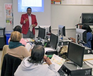 Del Ruff (standing), director of the North Carolina Center for Afterschool Programs, speaks at VGCC to participants in afterschool professional development training.