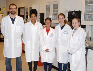 From left: VGCC Bioprocess Technology program head/instructor Dr. Danny Monroe with students Gabriela Burwell, Armani Grillo and Dayna Watkins (all of J. F. Webb School of Health and Life Sciences) and Danielle Ferens (Northern Vance High School). (VGCC photo)