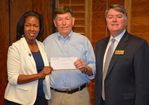 VGCC President Dr. Stelfanie Williams (left) and Endowment Director Eddie Ferguson (right) accept contributions creating the new scholarship from Wills Hancock of Oxford (center). (VGCC photo)
