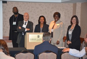 VGCC faculty and staff leaders speaking to their counterparts from across North Carolina at the recent Performance Partnership Summit included, from left, Public Services department chair Steven Hargrove, Dean of Continuing Education Dale Fey, Dean of Business and Applied Technologies Angela Gardner-Ragland, Dean of Health Sciences Angela Thomas and Cosmetology program head Tomeka Moss. (VGCC photo)