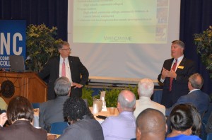 N.C. Community College System President Dr. Scott Ralls (left) listens as VGCC Endowment director Eddie Ferguson answers a question during the Align4NCWorks Summit.  (VGCC photo)