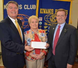 From left, VGCC Endowment Director Eddie Ferguson receives contributions from Henderson Kiwanis Club secretary Betty White and club President Mike Brafford during a meeting of the club at the Golden Corral restaurant in Henderson. (VGCC photo)