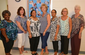Denise Gill is seen here with the staff of the VGCC Child Care Center during a reception in honor of Gill’s retirement; pictured, from left, are Deborah Harris, Rhonda Pegram, Pam Harris, Gill, Hilda Cordell, Kathy Hughes and Lakeeta Vaughan. (VGCC Photo)