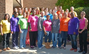 VGCC Associate Degree Nursing students pose wearing the “Talk Test Protect” campaign T-shirts given to them by Jackie Sergent (far right). (VGCC photo)