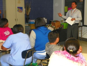 Ed O’Brien, plant manager at the Walmart Distribution Center, talks with students at Southern Vance