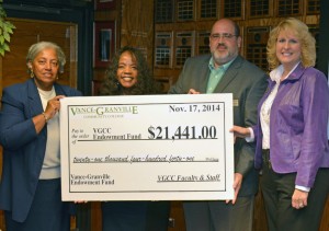 VGCC Board of Trustees chair Deborah F. Brown (left) accepts a symbolic check for $21,441 from the leaders of the VGCC Endowment Fund Faculty and Staff Drive at the November 17 Board meeting. The drive co-chairs were, starting second from left, School-Age Education program head/instructor Jacquelin Heath, Computer Education instructor Steven Sievert and Director of Student Success Amy O'Geary. (VGCC photo)
