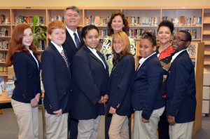 In front, from left: Eaton-Johnson Middle School ambassadors Kyrsten Guin, Devon Willard, Kaya Devaughn, Melannie Garcia, Annie Baskerville and Tyere Wiggins; in back, from left, VGCC Endowment Director Eddie Ferguson, Endowment Specialist Kay Currin, and EJMS Lead Counselor Dr. Priscilla Chavis-Lockley. (VGCC Photo)