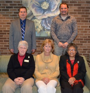 Among the most recent VGCC retirees honored Dec. 18, 2014 were, seated from left, Phyllis Thomas of Raleigh, Denise Gill of Henderson and Catherine Andrews of Warrenton; and standing, from left, Tony Pendergrass of Franklinton and Mitch Evans of Littleton. Not pictured: retirees Carolyn Foster, Ronda Paynter and James Powell. (VGCC photo)