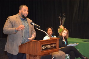 JASON BROWN SPEAKS TO AG ENTREPRENEUR GRADUATES — Former National Football League star Jason Brown, left, who is now farming 1,000 acres in Franklin County, offers encouragement to the graduates of the inaugural Agricultural Entrepreneurship program at the Dec. 16 graduation on VGCC’s main campus. Watching on are VGCC President Dr. Stelfanie Williams and Citizens Community Bank Vice President Kim Jordan.