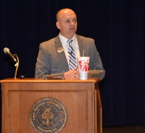 Joshua Towne, Franchised Restaurant Operator of the Chick-fil-A in Henderson, addresses VGCC faculty and staff. (VGCC photo)