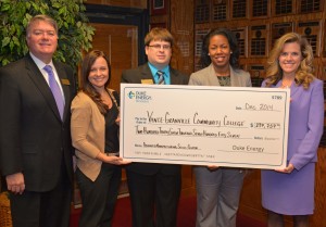 From left, VGCC Endowment Director Eddie Ferguson, Director of Customized Training Sara Lloyd, Applied Technologies department chair Wesley Williams and President Dr. Stelfanie Williams accept a symbolic check representing the new grant from Duke Energy District Manager Tanya Evans. (VGCC photo)