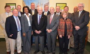Celebrating the creation of the Union Bank & Trust Founding Directors Academic Achievement Award at the bank’s headquarters in Oxford were, in front, from left: Robert T. Williford, II, Dr. Stelfanie Williams, Stanley H. Fox, R. Gene Edmundson, Betty Lou Gentry, representing her late husband, B. Autry Gentry, and Crawford A. Knott; and in back, from left: F. Wills Hancock, IV, Herbert T. Gregory, Jr., T. Gray Yancey, Thomas M. Combs, James B. Belcher, Chandler T. Currin, Jr., and Mayor Darryl Moss. Dr. Williams is the president of VGCC and a member of the Union Bank board of directors. Fox and Edmundson are former chairmen of the board, while Knott is the current chairman.  (VGCC photo)