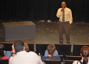 VGCC Sociology instructor Leslie Hurt, a Creedmoor resident, takes questions from the audience during the March 24 lecture on wealth and income inequality. (VGCC photo)