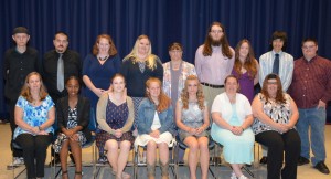 VGCC students from Franklin and Wake counties who were inducted into the Phi Theta Kappa honor society on April 14 included, seated from left: Amy Downing, Keyona Bullock, Heather Henkel, Madeline Osika, Elizabeth Caulfield, Cynthia Black and Jenifer Stearns; standing, from left: Collin Byerley, Robert Chafee, Kathy Conant, Elizabeth Elliott, Nancy Ianniello, Alexander Cockman, Daysha Dawson, Arturo Torrecilla and Joshua Moody. (VGCC Photo)