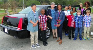 The students are shown in the first photo as they prepare to leave in the limousine. The students include: Aniya Palmer, Jabnan Hayes and Alexander Cruz, all fifth graders; Kanye Davis, Aliya Palmer and Amiyah Henderson, all fourth graders; and Tyler Ray, Tarian Hayes and Jonathan Gouldman, all third graders. They are joined by their chaperones for the trip, from left, Diane Averett, Janice Ellington and Regina Miles, all staff members at Carver Elementary. 