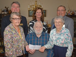 Pictured at the Hunt home in Creedmoor are, in front, from left, Melinda Brooks (representing her late husband, David Brooks), Robert Hunt and Judy Hunt; in back, from left, VGCC Endowment director Eddie Ferguson, Endowment specialist Kay Currin and Vincent Doria of Wake Forest, the deputy grand master of the Independent Order of Odd Fellows Grand Lodge of North Carolina. (VGCC photo)