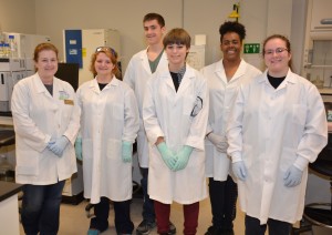 From left: VGCC Bioprocess Technology program head/instructor Dr. Tara Hamilton and VGCC student Melissa Messner of Wilton with participating students Justice Shuta of South Granville High School, Sarah Meixner of Granville Early College High School, Victoria Richardson of Warren County High School and Alicia Davis of J.F. Webb High School. (VGCC photo)