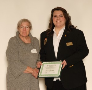 From left, Katharine Horner presents the George Wilson and Pattie Alston Macon/Katharine M. Horner Presidential Scholar Award to VGCC student Cassie J. Harris of Henderson at the 2015 Scholarship Awards Ceremony. (VGCC photo)