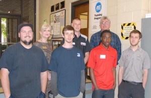 In front, from left, VGCC Automotive Systems Technology students Josh Stallings of Warrenton, Chandler Owen of Henderson, Latrell Smith of Louisburg and Ryan Anastasi of Wake Forest; in back, from left, VGCC Director of Academic and Career Assessment Linda Fletcher, student Brad Cockram and VGCC Automotive Systems Technology program head Fred Brewer. (VGCC Photo)