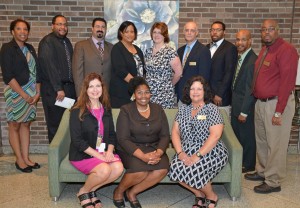 Seated, from left, are graduates Anna Seaman, Cathy Davis and Kyle Burwell; standing, from left, are guest speaker Dr. Dion Terry Clark, graduates Clint Alston, Kambiz Tahmaseb, Glynnis Wilson, Elizabeth Andre, Benny Overton, Marque Debnam and Derrick Cameron, and Director of Leadership & Professional Development Jeffrey Allen, who coordinated the program. (VGCC photo)