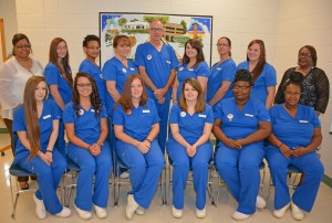 Seated, from left: graduating Medical Assisting students Morgan Hudgins, Whitney Kelsey, Courtney Pearce, Kaylah Norris, Joyce Ellis and Jennifer Crews; standing, from left: instructor Patrice Allen, students Kourtney Cockrell, Dominique Richardson, Melissa Tucker, Kevin Rumsey, Ashlee Dement Neal, Angela Whirley, Tabitha Winstead and program head Donna Gardner; not pictured: Melissa Norwood, Jessica Yarbrough. (VGCC photo)