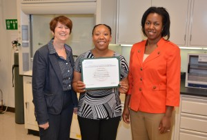 From left, VGCC Director of Occupational Extension Jean Blaine, Tranita Brown of Henderson and VGCC President Dr. Stelfanie Williams are seen here in the Biotech lab on the college’s Main Campus. Brown is one of the first three students to receive a Pre-Apprenticeship certification in BioWork at VGCC, and the most recent. (VGCC photo)