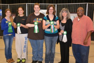 VGCC students were recognized as winners of the first-ever juried student art exhibition. From left, they included Ashley McEntee of Oxford (third place), Amy Greene of Oxford (honorable mention), Chris Nicholson of Bullock (second place), Jessie Hartley of Oxford (first place), Tracey Carson-Johnson of Oxford (honorable mention), and artist Eric McRay, who judged the exhibition. Not pictured: Megan Arguello of Franklinton (honorable mention). (VGCC photo)