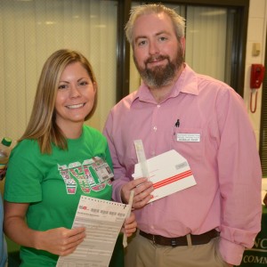 From left, VGCC Associate Degree Nursing student Erica Medlin of Oxford and Radiography student Nick Kemp of Franklinton were among the volunteers coordinating the bone marrow donor registration drive and are seen here holding swabs and registration materials. (VGCC photo)