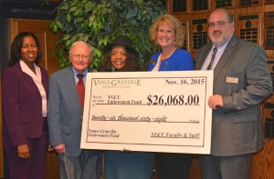 VGCC President Dr. Stelfanie Williams, left, and Board of Trustees Investment Committee chair L. Opie Frazier Jr., second from left, accept a symbolic check for $26,068 from the leaders of the VGCC Endowment Fund Faculty and Staff Drive at the Nov. 16 Board meeting. The drive co-chairs were, starting third from left, School-Age Education program head/instructor Jacquelin Heath, Director of Student Success Amy O'Geary, and Computer Education instructor Steven Sievert. (VGCC photo)