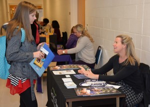 Kimberly Spence of Henderson (left) talks with Jill Pittman from Barton College during “College Day.” Spence is taking College Transfer general education courses at VGCC with plans to enter the Radiography program. (VGCC photo)