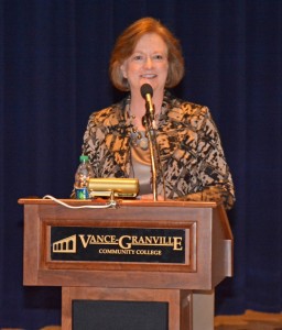Dr. Kay McClenney addresses VGCC faculty and staff. (VGCC photo) 