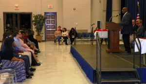 Dr. Anthony D. Jackson, superintendent of Vance County Schools, stands at the podium as he addresses the Early College students recognized during their "Leading the Pack" celebration.