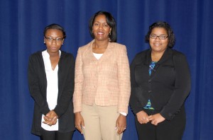 From left, Black History poetry/essay contest third-place winner Ulia Hargrove of Stovall, VGCC President Dr. Stelfanie Williams and the winner of the contest, Shanice Wilkins of Louisburg. Not pictured: Angelique Taylor of Macon, who placed second. (VGCC photo)