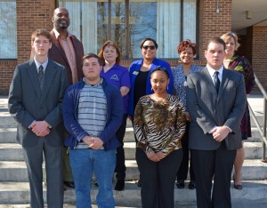 Making history as the first officers for the VGCC SkillsUSA chapter are, in front, from left, Reporter Harold Todd of Oxford, President Benjamin Layton of Kittrell, Secretary/Treasurer Ashley Allen of Henderson and Parliamentarian Daniel Johnson of Louisburg. Standing in back, from left, are chapter advisors Steve Hargrove, Kimberly Elliott, Candy Parker, Antoinette Dickens and Christal Thomas. (VGCC photo)