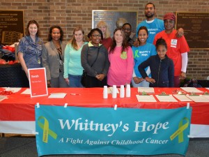 From left, VGCC Medical Office Administration instructor Hollie Garrett, Dean of Business & Applied Technologies Angela Gardner-Ragland, Medical Office Administration students April Peoples of Henderson, Quashaniza Alston of Warrenton, M.B. Blake of Warrenton, Jessica Carroll of Timberlake and Erresha Lewis of Henderson, Whitney Johnson Espinosa, Eladio Espinosa, Ariana Espinosa and Barbara Espinosa were all volunteers at the bone marrow donor registration drive in the VGCC Civic Center. (VGCC photo)