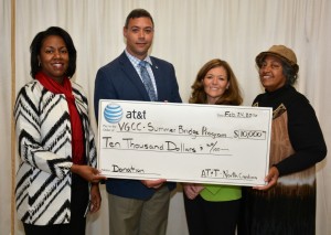 AT&T Regional Director of External Affairs Robert Doreauk (second from left) presents a symbolic check to VGCC officials at a luncheon honoring donors to the college. Accepting the donation from Doreauk are VGCC President Dr. Stelfanie Williams (left), Dean of Arts and Sciences Cynthia Young (third from left) and Board of Trustees chair Deborah Brown (right). (VGCC photo)