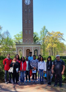 The group from VGCC pose in front of the Morehead-Patterson Bell Tower, a landmark on the campus of UNC-Chapel Hill. They included, from left, VGCC Department Chair of Developmental Studies Patrick Morris, students Quedella Hargrove and Alexis Miniaci, Program Head of College Success & Study Skills Oluwunmi Ariyo and students Detra Hunt, Jamarcus Waverly, Shymora Stewart, Brenda Diaz (in back), Ebony Woodard, April Walker and Arthur Yancey. Not pictured: Jesus Alejo.
