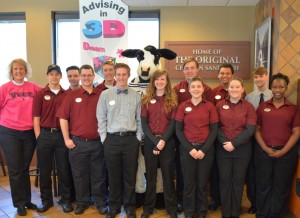 Pictured at the Chick-fil-A of Henderson are, in front, from left: VGCC College Transfer students Jacob Weaver of Kittrell, Lane Phipps of Oxford, Allison Long of Kittrell, Sabrina Osgood of Oxford, Sierra Robison of Henderson and Nandi Fields of Henderson; and in back, from left, VGCC Director of Student Success Amy O’Geary with CCP College Transfer Pathway student Jonathan Cole of Kittrell, Welding Technology student Shane Ayscue of Henderson, College Transfer student Nathan Oakes of Henderson, the Chick-fil-A Cow, College Transfer student Jacob Jackson of Henderson, CCP College Transfer Pathway student Rhyan Johnson of Oxford and Automotive Systems Technology student Cole Hayes of Henderson. (VGCC photo)