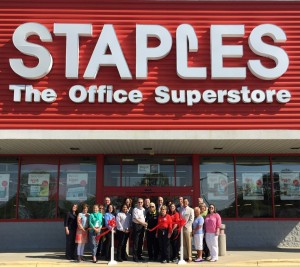 Shown at the Henderson-Vance Chamber of Commerce ribbon cutting for Staples are, Store Manager Stan Wolfenbarger and staff of Staples; Mayor Eddie Ellington; HVCC President John Barnes; HVCC Board Chair Larry Mathiot, CenturyLink; HVCC Board Member Brian Boyd, Charles Boyd Chevrolet-Cadillac-Buick-GMC, Inc.; HVCC Board Member Hal Mutzel, Express Employment; HVCC Board Member Susan Rogers, Chick-fil-A;  Chamber Ambassador Kevin Bullock, WIZS 1450 AM; Chamber Ambassador Clareese Moss, Shortcakes; Office Manager Jenny Hester, PRIM Development & Rentals; Director of Marketing McKinley Perkinson, Maria Parham Medical Center; Diane Robbins & Stephanie Ranes, The Daily Dispatch; HVCC Director of Communications Sheri Jones; HVCC Work First Coordinator Vanessa Jones; HVCC Office Manager Melanie Mann. Not Pictured:; HVCC Director of Membership Services, Annette Roberson.