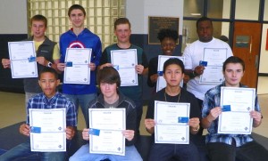 Seated from left, Chandler Simmons, Dilan Gooch, Walter Hernandez and Justin Joyner. Standing from left, are John Pendergrass, Eric Bunton, Logan Waite, Asantawaa Hooks and Shondavous Closs. Jessica Lowman, Kivonte Wilson and Jazmine Copeland also received certifications, but were unavailable for the photo.