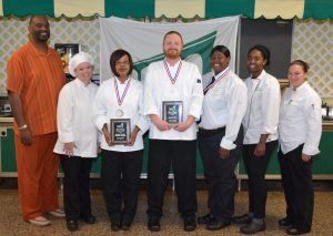 From left, VGCC Public Services department chair and SkillsUSA chapter lead advisor Steve Hargrove, Culinary Arts instructor Chef Teresa Davis, students Denise White of Gela, Dustin Gregory of Oxford and Emory Gant-Hawkins of Henderson, and instructors Chef Rebecca Smith and Chef Riki Strum. (VGCC photo)