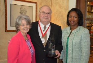From left, State Board of Community Colleges vice-chair Janet Lowder, I.E. Ready Award recipient and former VGCC President Dr. Ben Currin and Dr. Stelfanie Williams, the current VGCC president. (VGCC photo)