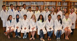 Students shown here at VGCC’s South Campus are, seated, from left: Saarika Virkar (Enloe High), Mariam Assaedi (J.F. Webb School of Health & Life Sciences), Javia Wilson (Warren County High), Hannah Bonini (South Granville High), Sai Dasari (Apex Friendship High), Jordan Bell (North Raleigh Christian Academy), Sri Rayarao (Panther Creek High) and LeAnn Black (South Granville High); standing, from left: Koen Winemiller (Cary Academy), Kiran Winemiller (Cary Academy), Tanay Singhal (N.C. School of Science and Math), Naim Bell (Apex Friendship High), Aryan Jain (Wake Early College of Health & Sciences), Gracie Athus (Cary Christian), Rose Vaughan (Woods Charter), Britney Dyck of Cary (home-schooled), Sarah Flexman (Cary High), Leah Paul (a recent graduate of Crossroads Christian), Riley Valencia (Southern Wake Academy) and instructor Becky Brady. Not pictured: Sarah Doherty and Ellie Smith (both Holly Springs High) and Samaria Lynch (Warren County High). (VGCC photo)