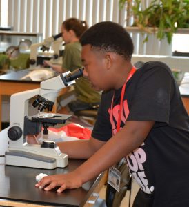 Science Camp participant Zelton Thompson of Henderson views a protozoan (a type of microorganism) under a microscope. (VGCC photo)